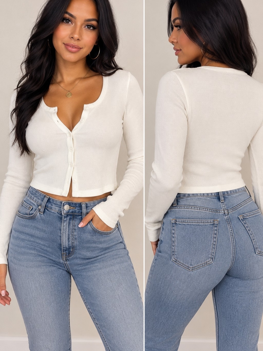 Zara Ivory Ribbed Button-Front Crop Top